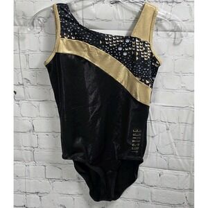Girls Gymnastics Ballet Leotard DanceBodysuit Black And Gold Justice Size 14. T1